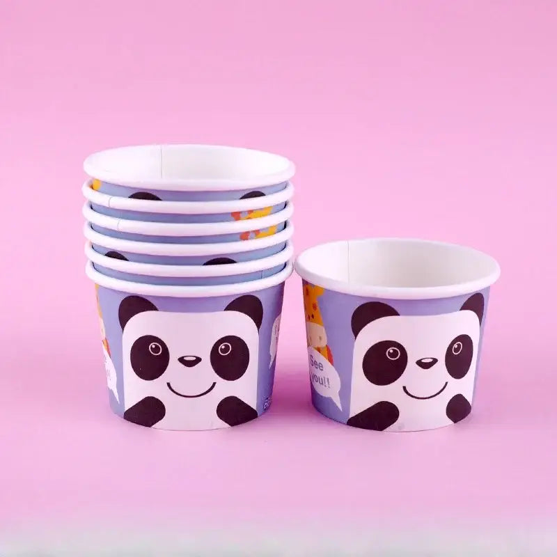 Purple paper cups with smiling panda face and black accents from decorbites cartoon paper cups collection for dessert use