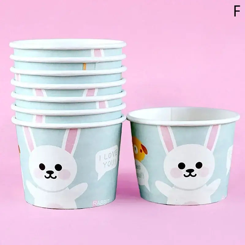 Light blue paper cups featuring a cute white bunny and i love you text from decorbites cartoon paper cups set