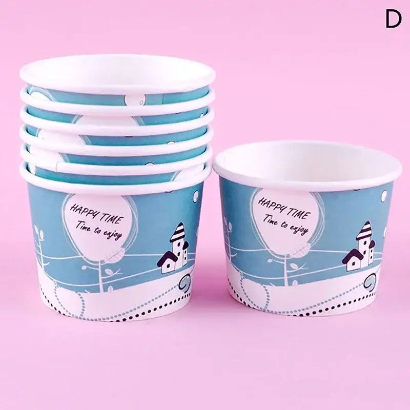 Blue and white decorbites cartoon paper cups with lids featuring houses and happy time text for dessert bowls use