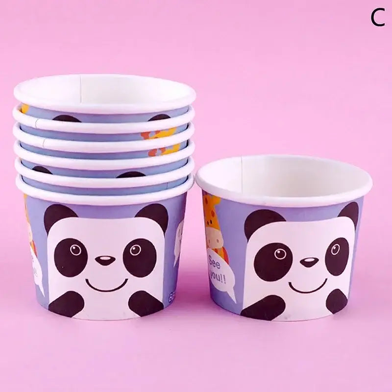 Purple paper cup with smiling panda face and white interior from decorbites cartoon paper cups for dessert use