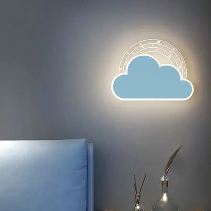 Blue cloud-shaped cartoon wall lamp with glowing rainbow and star design for bedroom led art lighting