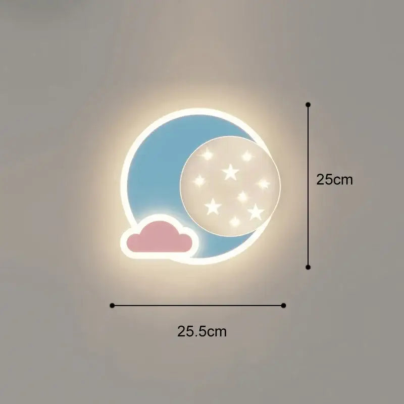 Cute crescent moon and star cartoon wall lamp with soft glow pastel blue sky pink cloud and white stars on frosted glass