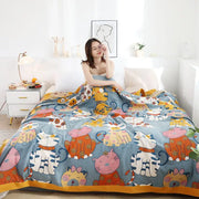 Cozy blue decorbites cartoon boho bedspread featuring colorful cartoon cats and floral accents in woven cotton for bedroom decor