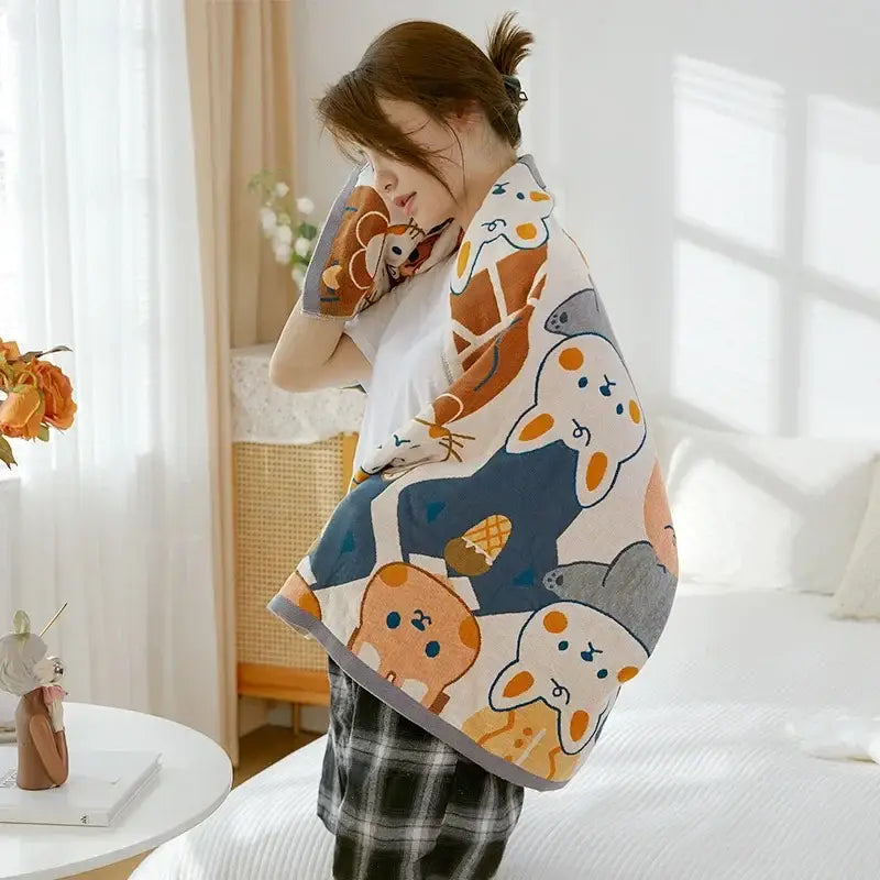 Cozy cotton gauze bath towel with cartoon cat and dog pattern in orange blue and gray by decorbites cotton gauze