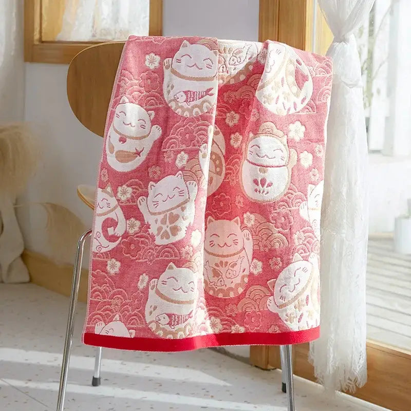 Pink cartoon cat and dog cotton gauze bath towel with lucky cat pattern and red trim for bathroom decorbites cotton gauze bath