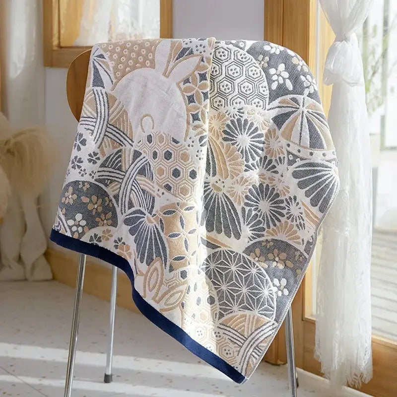 Cartoon cat and dog cotton gauze bath towel with soft gray beige floral design and navy border for bathroom decorbites cotton gauze bath