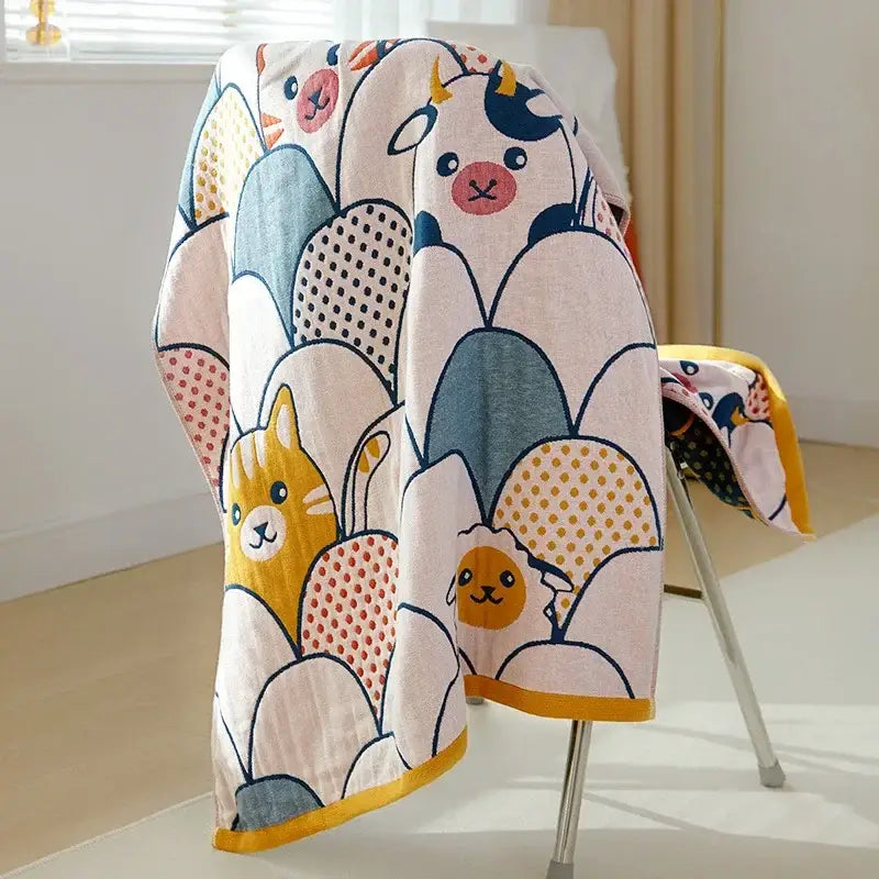 Cartoon cat and dog cotton gauze bath towel with pastel cow cat and sheep pattern in pink yellow blue for bath use