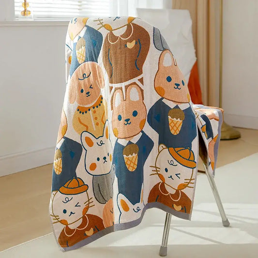Soft plush cartoon cat and dog cotton gauze bath towel with playful pattern for bathroom decorbites cotton gauze bath