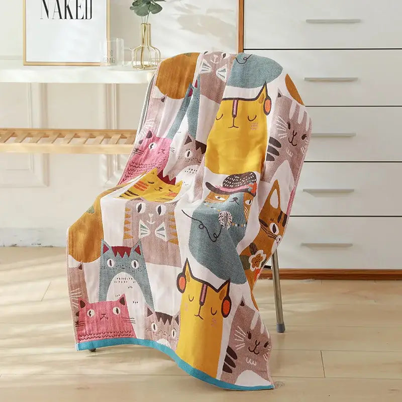 Cartoon cat and rabbit cotton gauze bath towel featuring multicolored playful cat patterns for bedroom or nursery decorbites cotton gauze bath