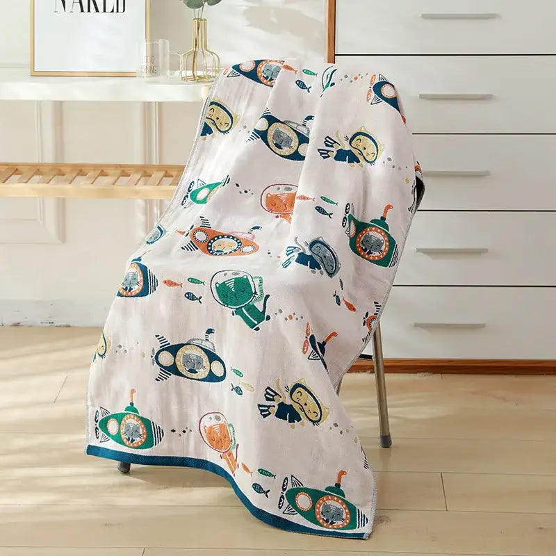 White cartoon cat and rabbit cotton gauze bath towel with playful submarine pattern for bedroom and nursery decorbites cotton gauze bath