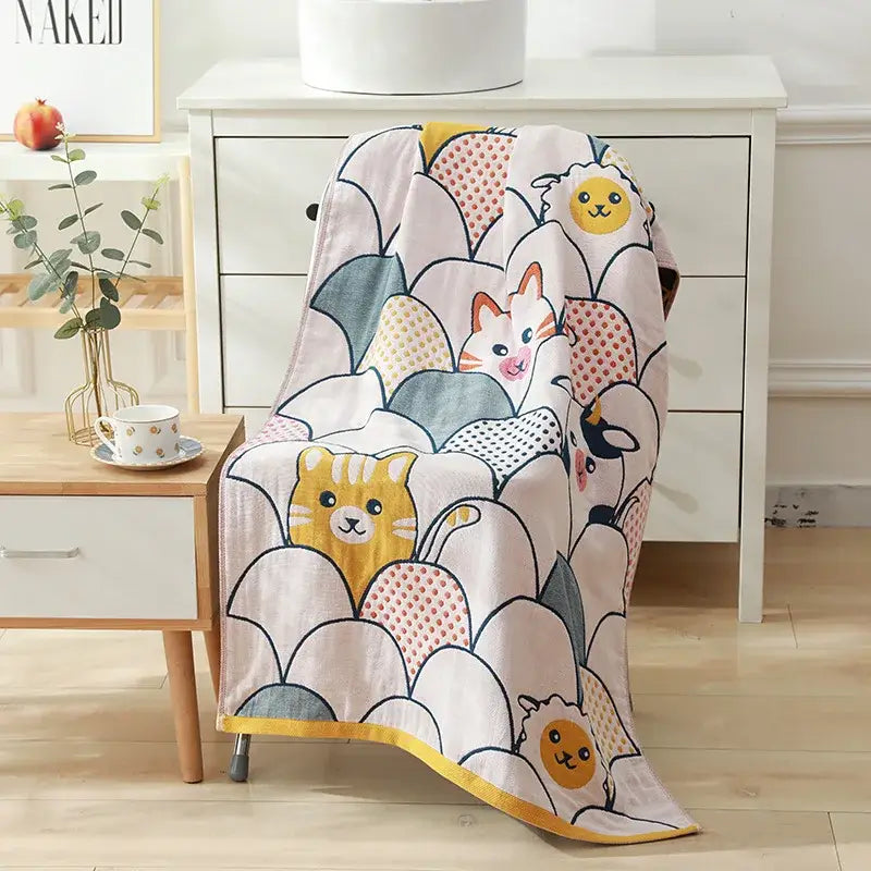 Soft pastel cotton gauze bath towel with playful cartoon cats and sheep pattern for bedroom and nursery decorbites cotton gauze