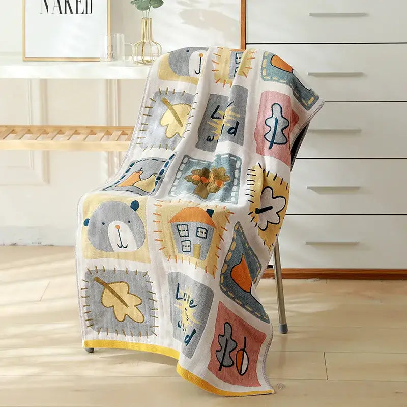 A soft white cotton gauze bath towel with colorful cartoon cat and rabbit patchwork for bedroom and nursery decorbites cotton gauze