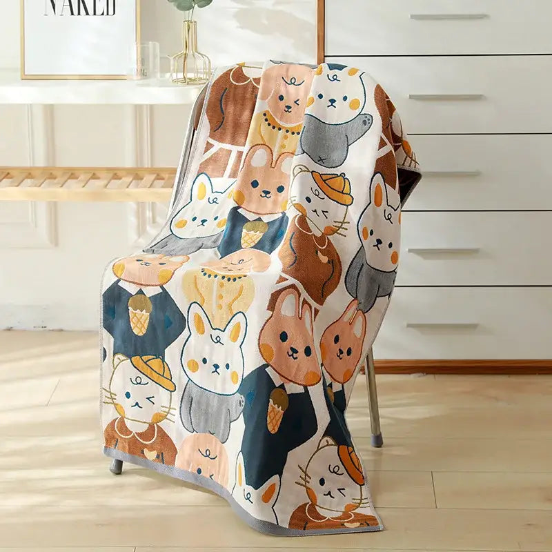 Cartoon cat and rabbit cotton gauze bath towel with plush multicolor cats in beige gray brown and navy blue decorbites cotton gauze