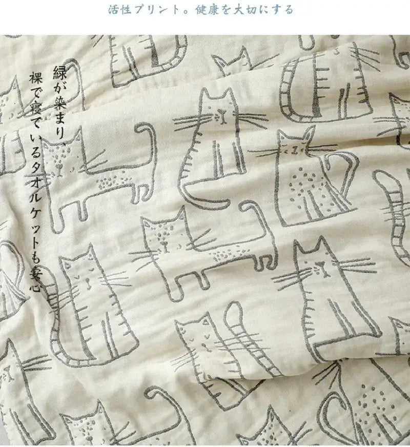 Cream-colored cartoon cat bamboo cotton throw blanket with black line-drawn cats for bedroom decorbites decor