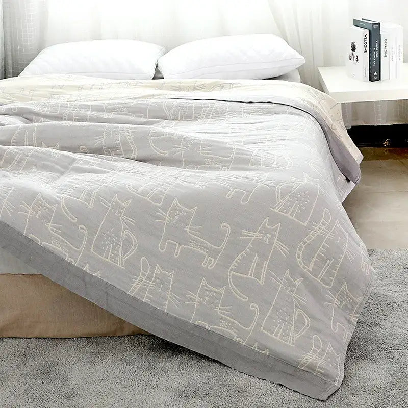 Gray quilted bamboo cotton throw blanket with embroidered white cats for cream bedroom decorbites cartoon cat style