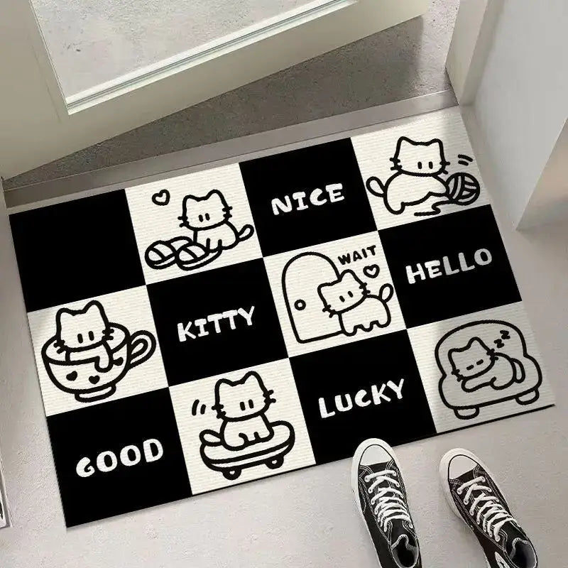 Black and white checkered cartoon cat door mat featuring playful cats and words nice hello lucky for decorbites block crystal velvet decor