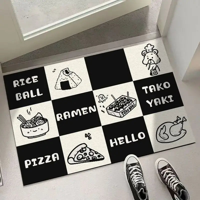 Black and white checkered door mat with cartoon japanese food and chef bear design for living room decorbites block crystal velvet