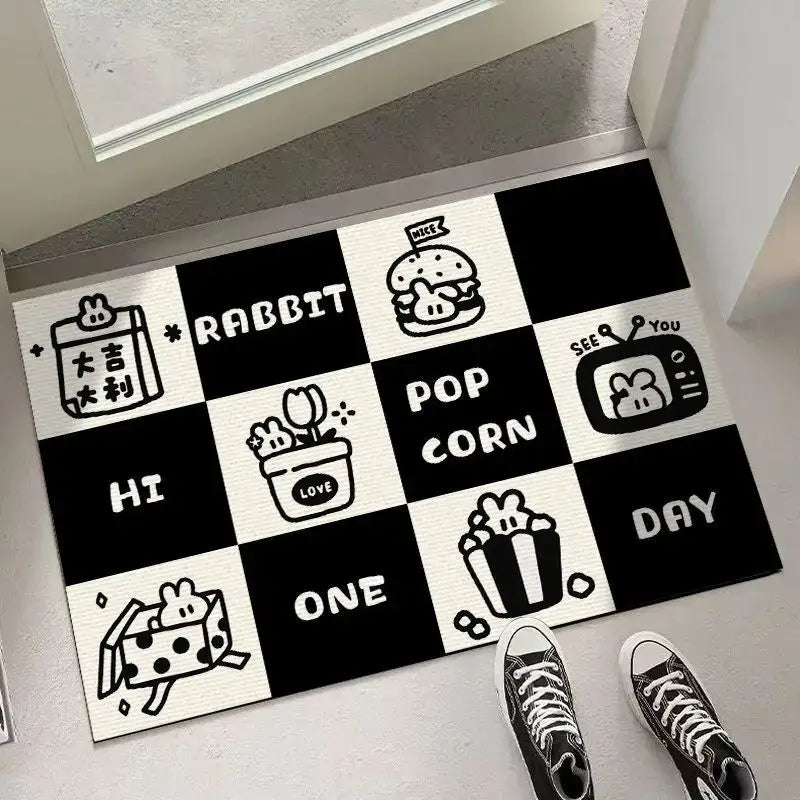 Black and white checkered door mat with cartoon rabbit and decorbites block crystal velvet design for living room decor
