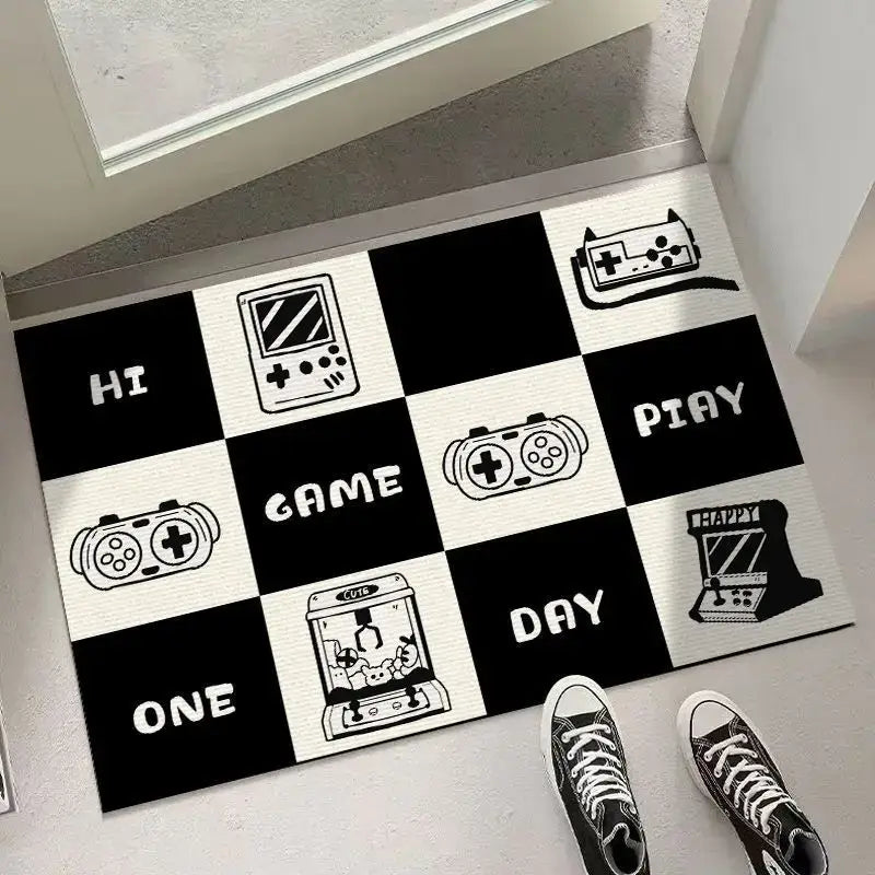 Black and white checkered door mat with retro gaming illustrations and bold text for living room decorbites block crystal velvet