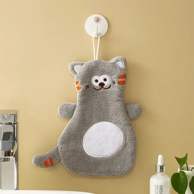Gray plush cat-shaped bath sponge with orange embroidered accents and white belly patch for decorbites cartoon cat hand towels