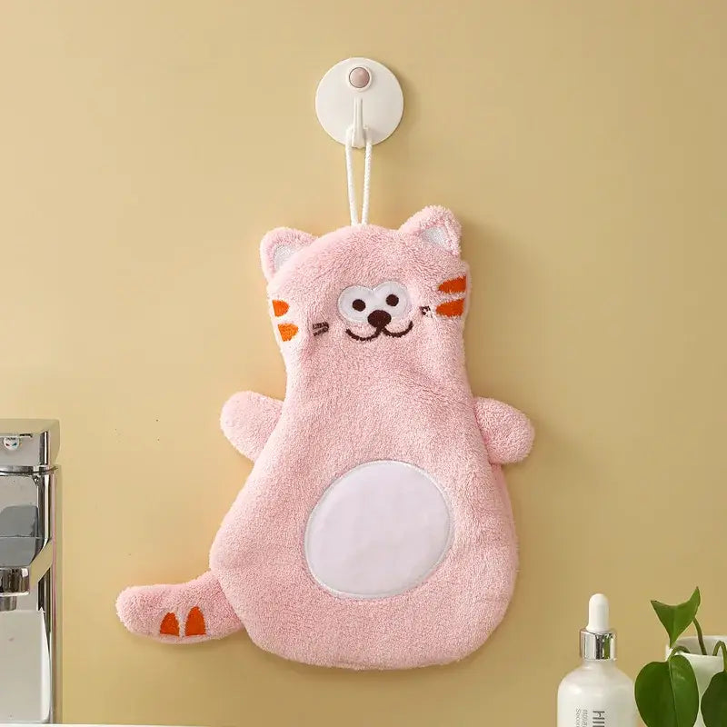 Pink plush cat-shaped bath sponge with orange accents and white belly patch for decorbites cartoon cat coral hand towels
