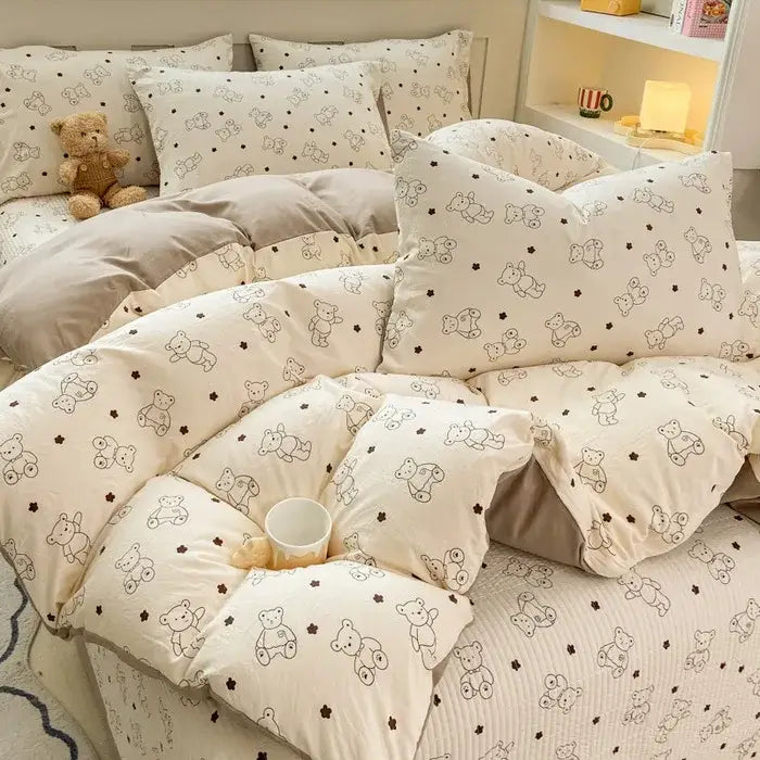 Cream-colored cotton duvet set with plush texture featuring black teddy bear silhouettes for cartoon cat floral bedding