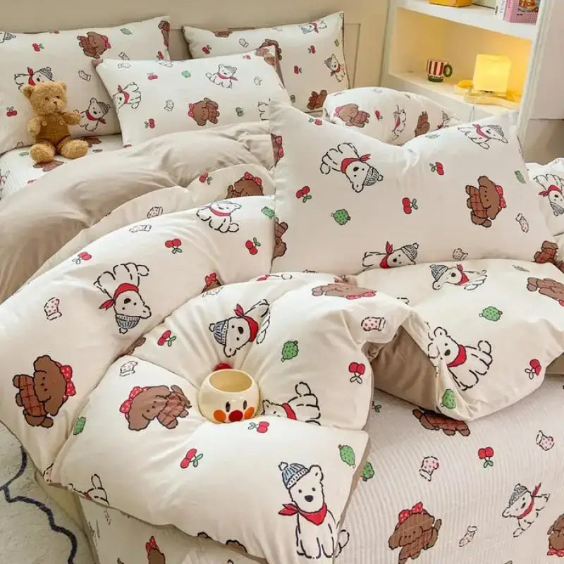 Cute white cotton duvet set featuring playful cartoon cat floral design with brown red and green bear accents