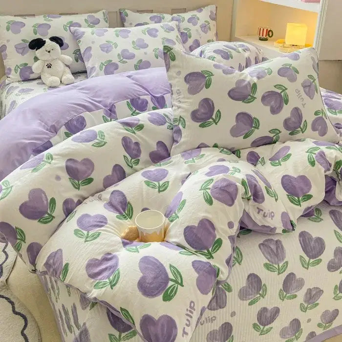 Purple tulip patterned cartoon cat floral duvet set with white base green leaves soft cotton texture bedroom bedding