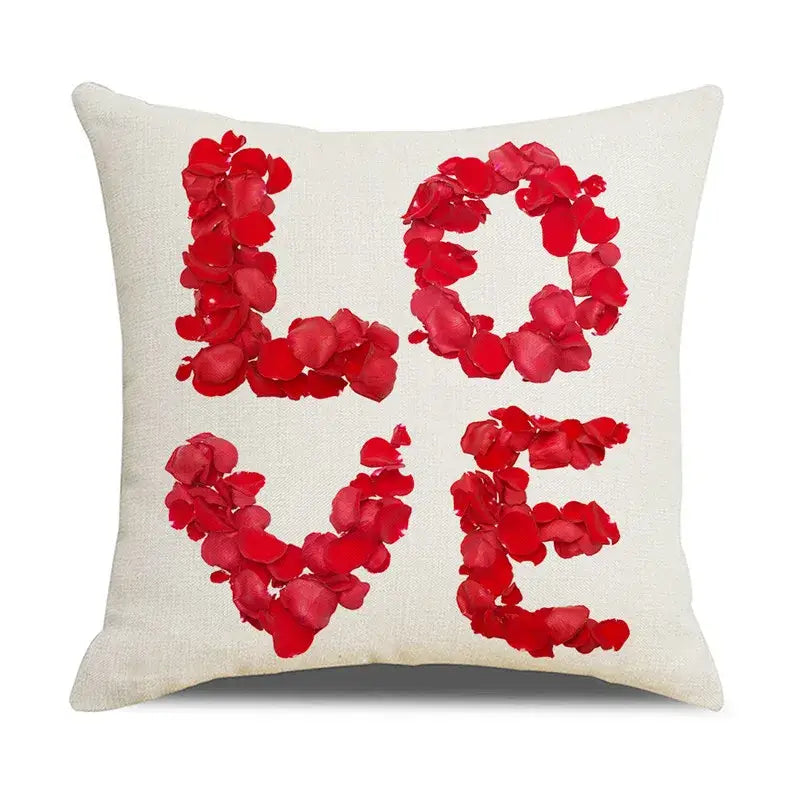 Cream-colored linen cartoon cat linen throw pillow with vibrant red rose petal love design for living room decorbites cartoon cat