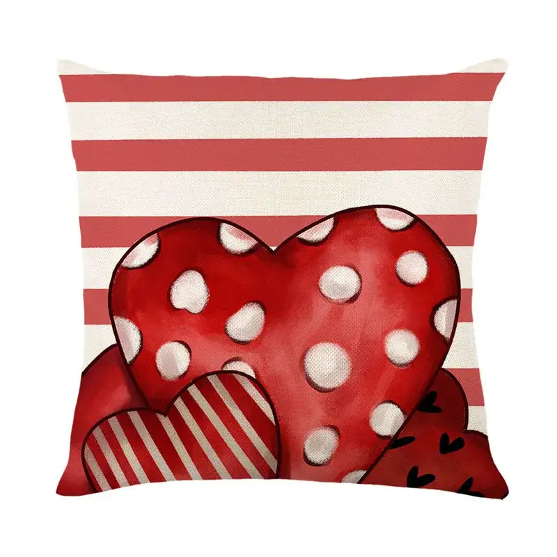 Red and white polka-dotted heart-themed cartoon cat linen throw pillowcase with striped background decorbites cartoon cat design