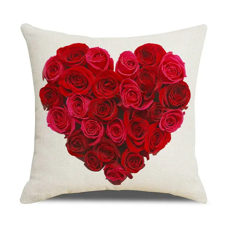 Cream-colored linen throw pillow with vibrant heart-shaped roses design for decorbites cartoon cat linen cushion