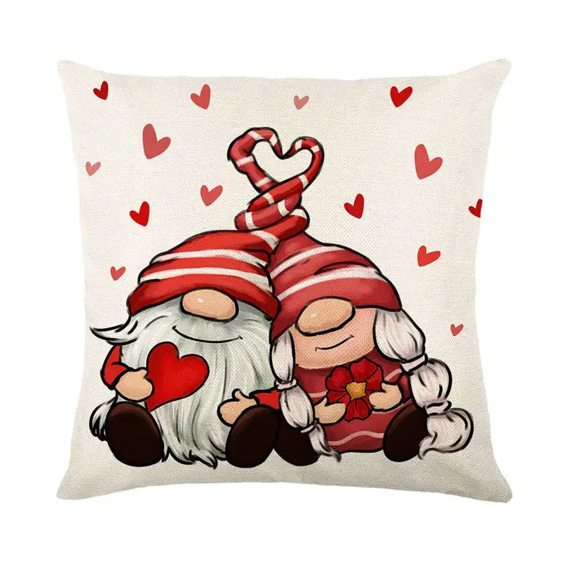 Cream-colored linen cartoon cat pillow with red and white striped gnomes and hearts for living room decorbites cartoon cat linen