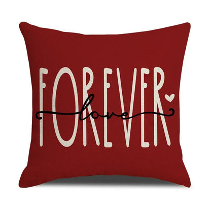 Red throw pillow with forever and love text and black heart made of cartoon cat linen for living room decorbites cartoon cat