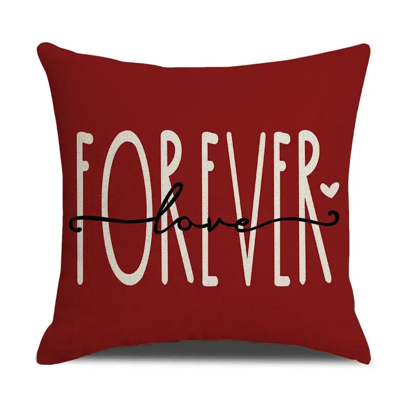Red throw pillow with forever and love text and black heart made of cartoon cat linen for living room decorbites cartoon cat