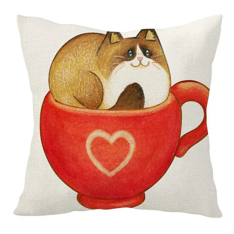 Beige cartoon cat linen pillowcase featuring a brown and white cat in a red teacup for living room decorbites cartoon cat decor