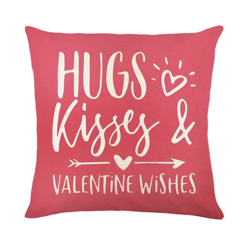 A vibrant coral cartoon cat linen throw pillow with white embroidered valentine wishes decorbites cartoon cat design