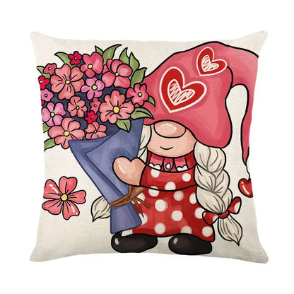 Cute pink and red polka-dot gnome pillow with floral bouquet design in cartoon cat linen red teacup decorbites cartoon cat cushion
