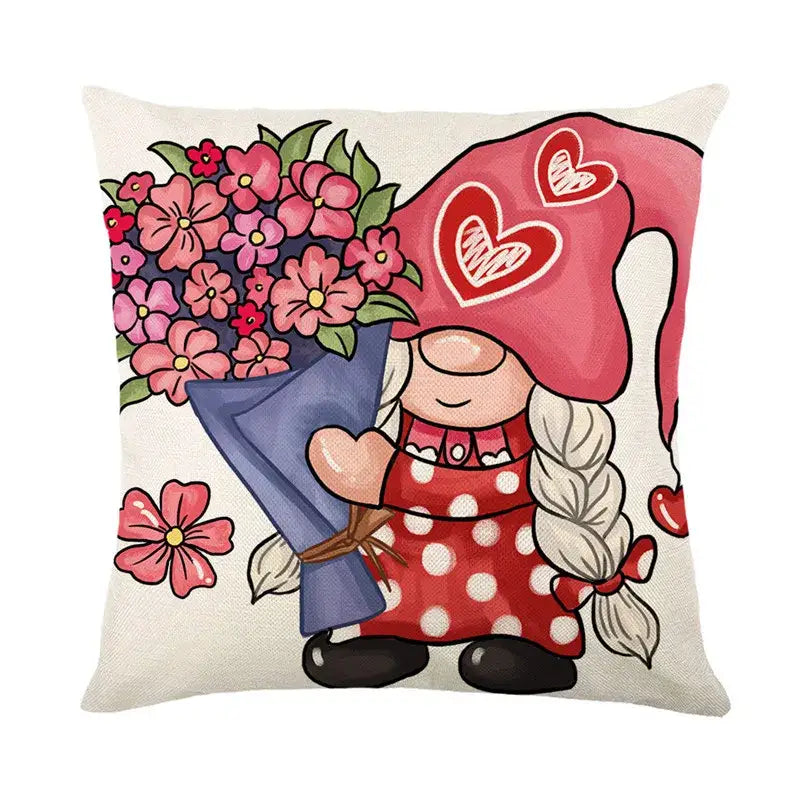 Cute pink and red polka-dot gnome pillow with floral bouquet design in cartoon cat linen red teacup decorbites cartoon cat cushion