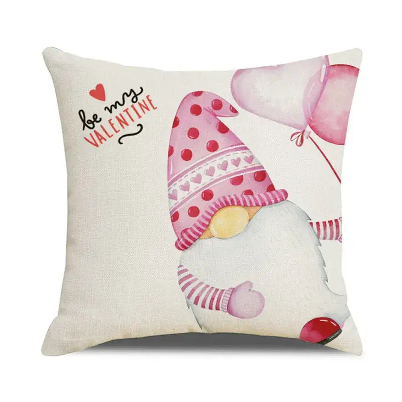 Cream-colored cartoon cat linen throw pillow with pink polka-dotted gnome and be my valentine text decorbites cartoon cat decor