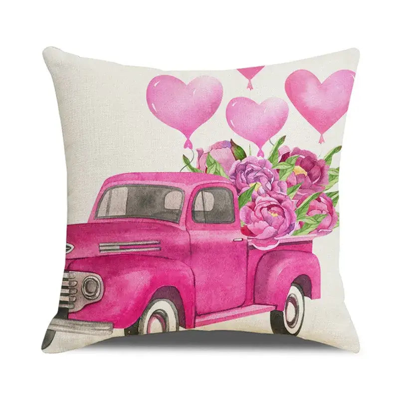 Pink vintage truck pillow with watercolor flowers and heart balloons on cartoon cat linen pillowcase decorbites cartoon cat
