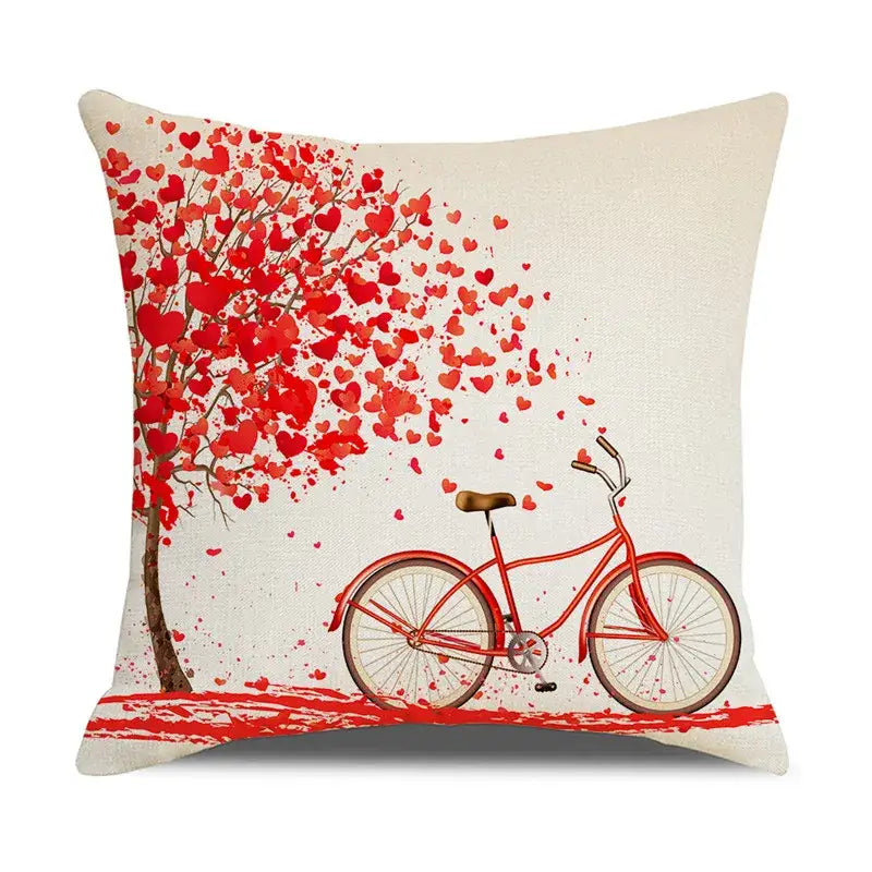 Beige cartoon cat linen throw pillow featuring red bicycle and heart tree design for decorbites cartoon cat decor