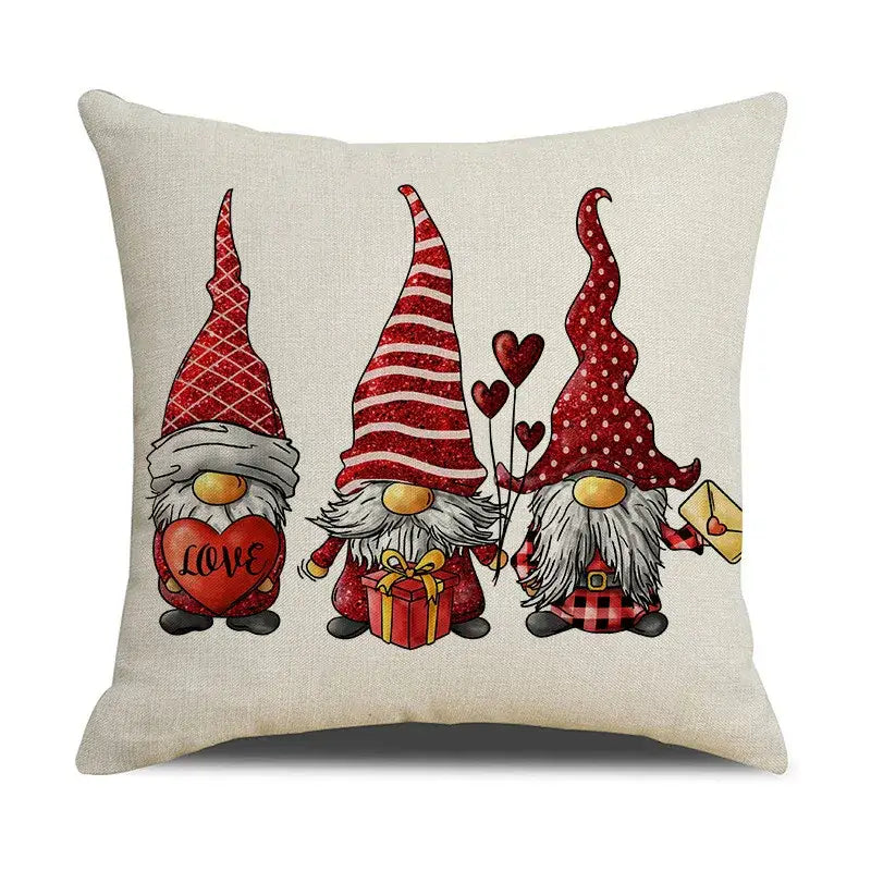 Beige linen throw pillow with three festive gnomes and hearts perfect for decorbites cartoon cat linen decor