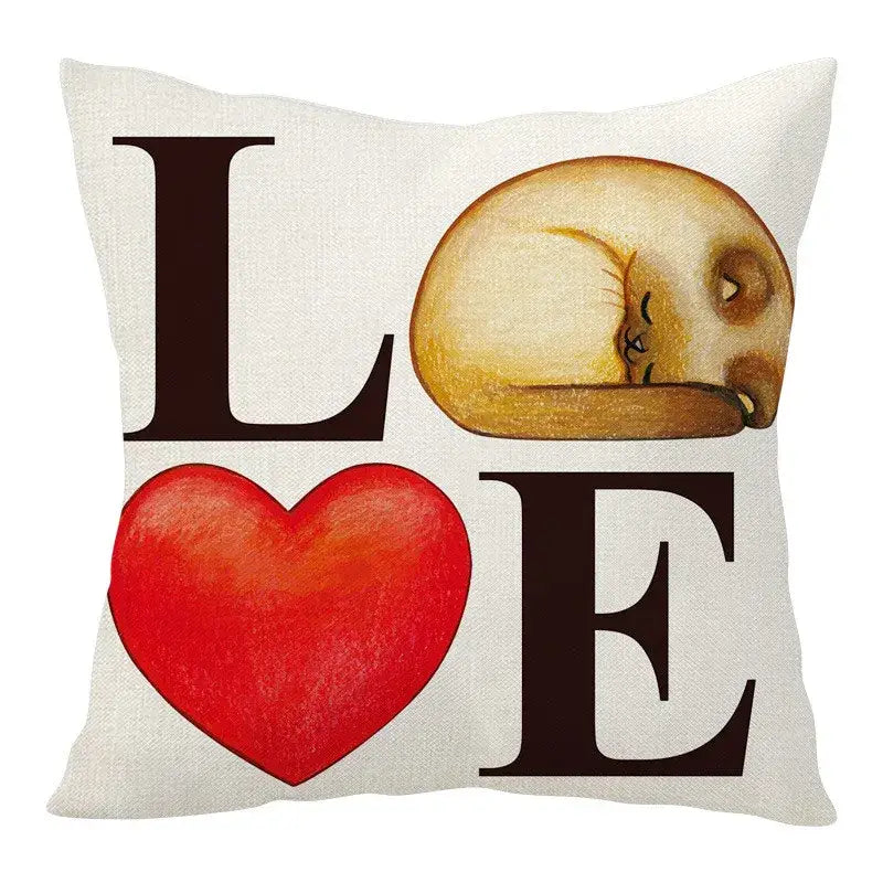 White linen cartoon cat linen throw pillow with cozy sleeping cat design and red heart for living room decorbites cartoon cat