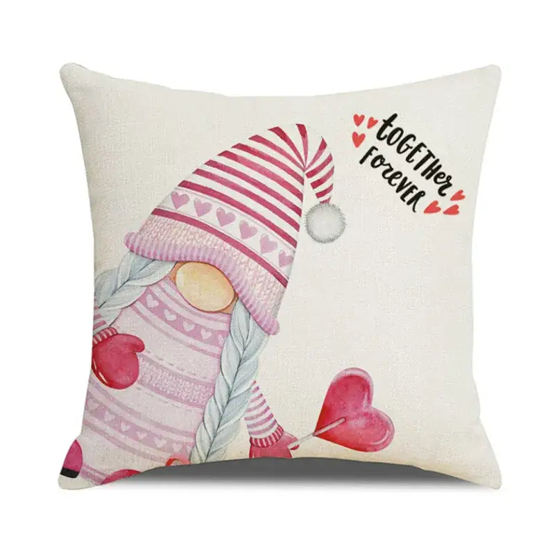 Cream-colored cartoon cat linen throw pillow with a gnome and together forever embroidery for living room decorbites cartoon cat