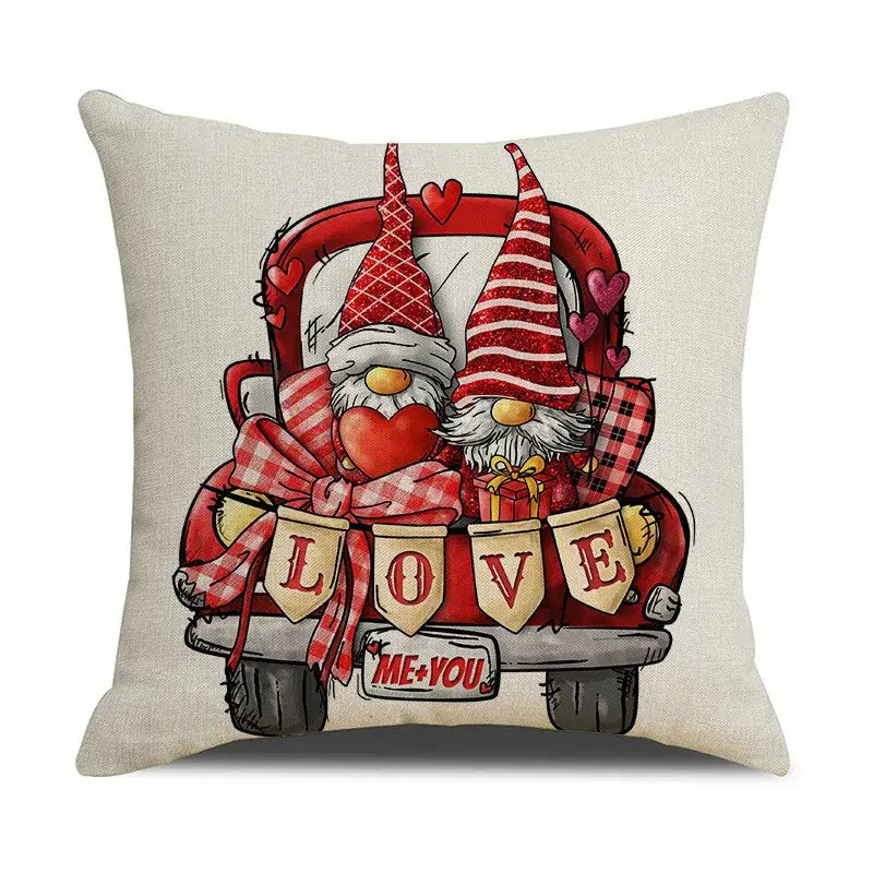 Beige cartoon cat linen throw pillow featuring a red vintage truck with two gnomes for living room decorbites cartoon cat decor