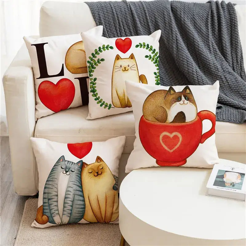 White cartoon cat linen pillowcase with red teacup design and heart outline for living room decorbites cartoon cat cushion