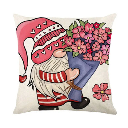 Cozy cream linen throw pillow with cartoon gnome and bouquet, ideal decorbites cartoon cat linen living room decor