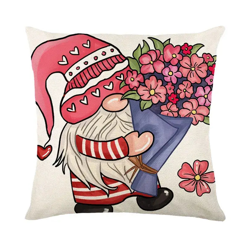 Cozy cream linen throw pillow with cartoon gnome and bouquet, ideal decorbites cartoon cat linen living room decor