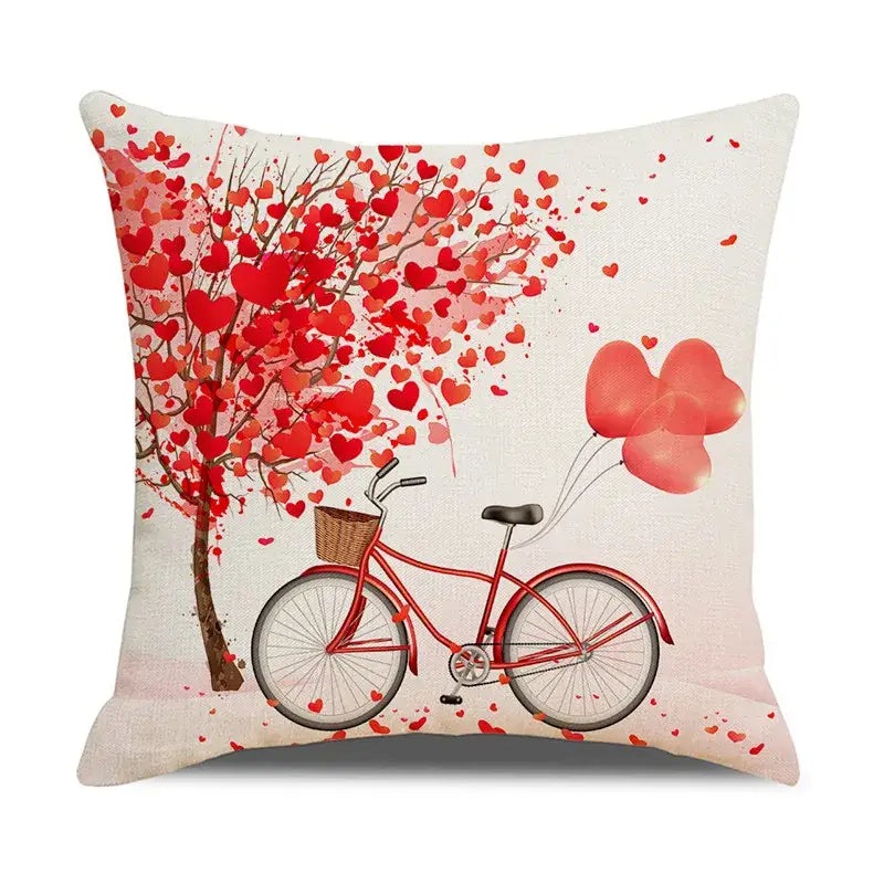 Cream-colored linen throw pillow with red bicycle, wicker basket, and heart balloons for decorbites cartoon cat linen decor