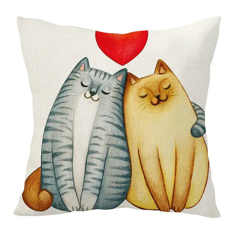 White linen throw pillow with decorbites cartoon cat embrace design under red heart for living room decor
